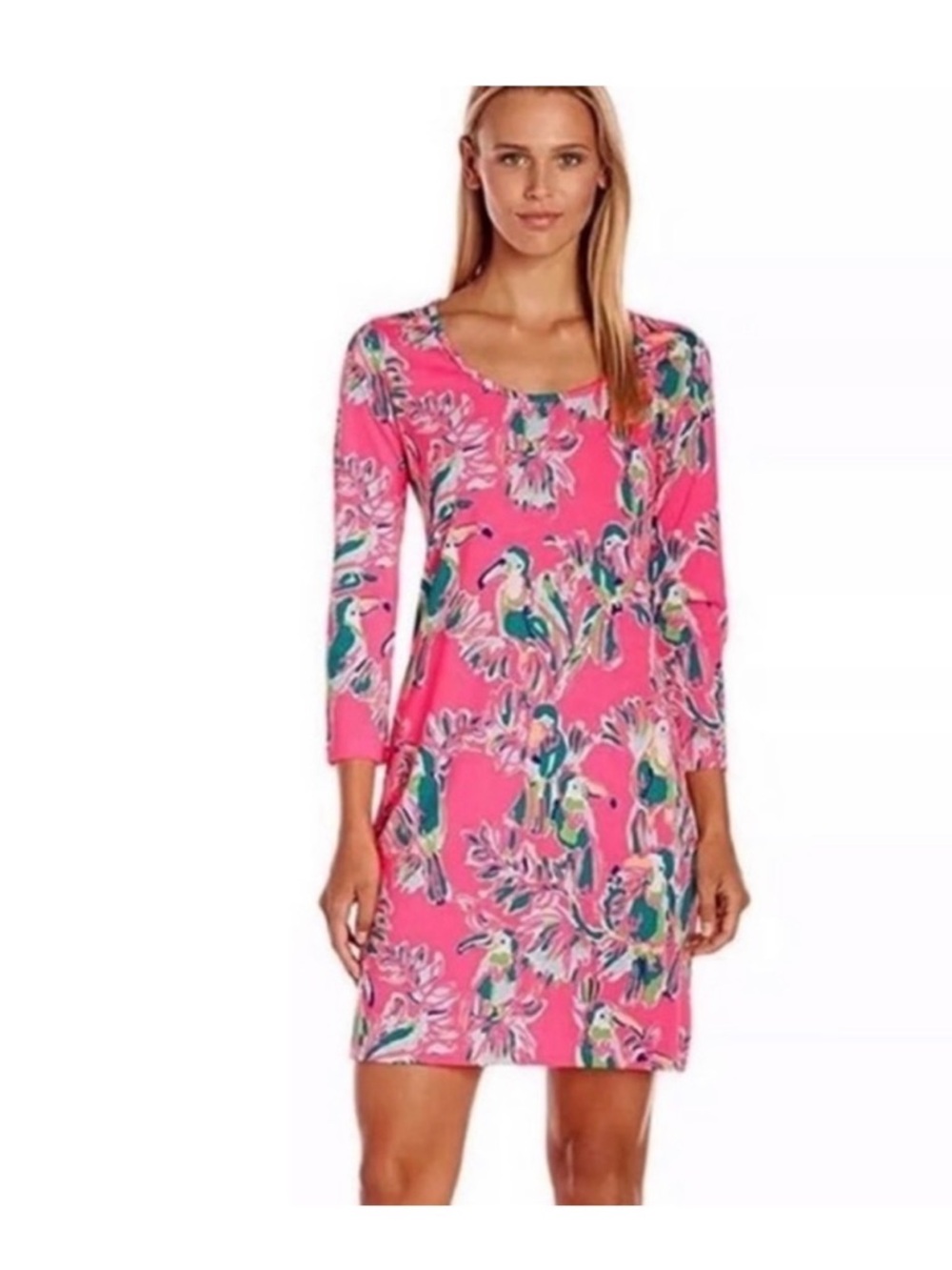 Lilly Pulitzer Pink Floral Long Sleeve Dress Pima Cotton, Toucan print. NWOT!!